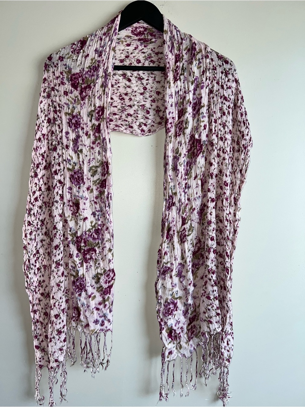 5/$20 Purple Pink Floral Fringe Scarf Lightweight Boho Cottagecore Wrap Shawl